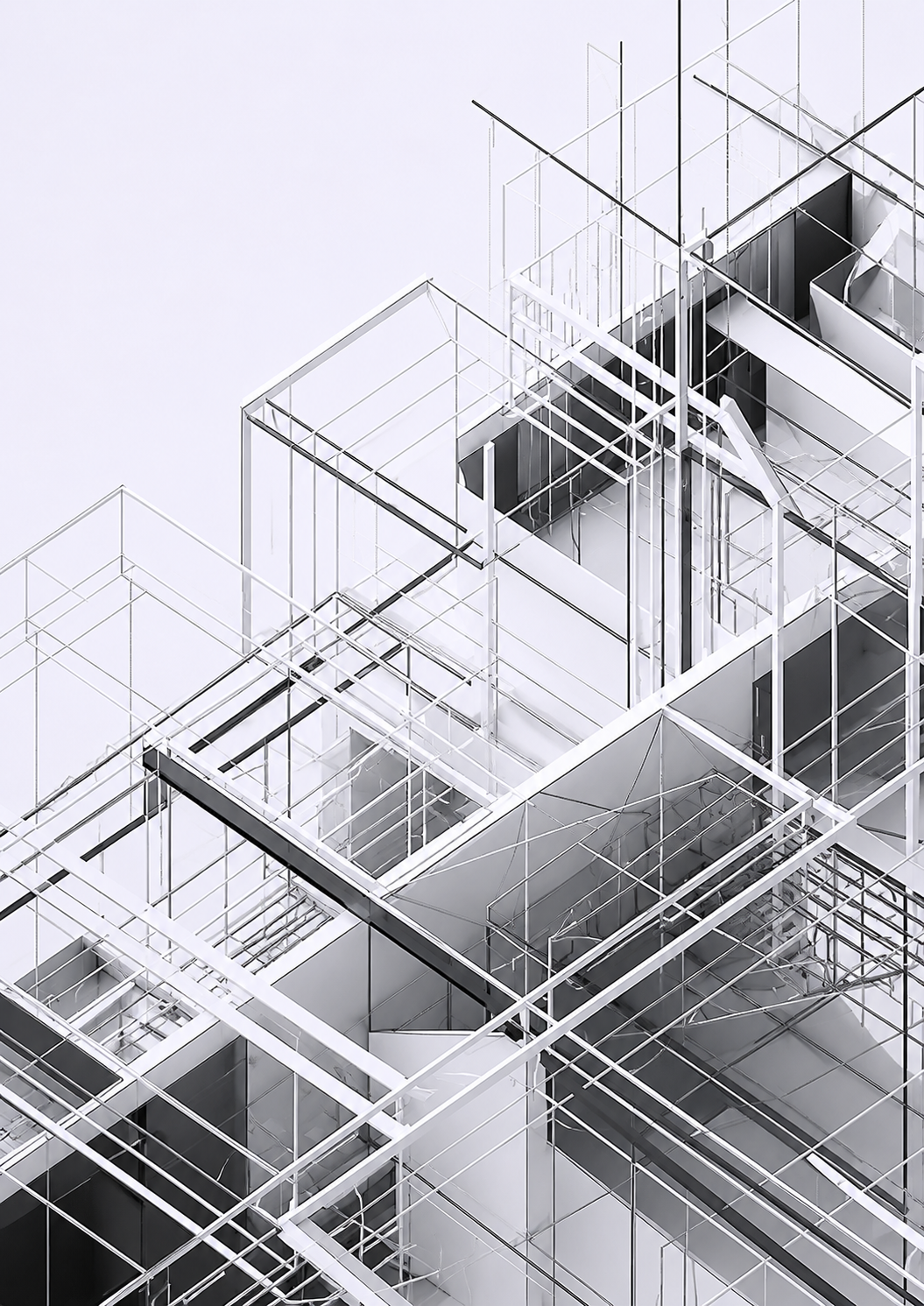 Abstract architectural framework in pale violet and charcoal lines
